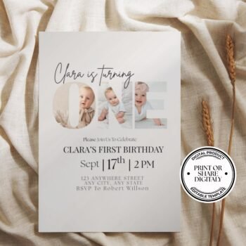 Minimalist 1st Birthday Girl and Boy Birthday Party Invitation Templates in Canva with full editable access