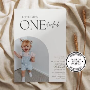 Editable  Minimalist Boho First Birthday Invitation for Girls First Birthday with Picture
