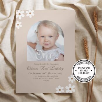 Editable Minimalist Daisy Boho First Birthday Party Invitation  Retro for Boy Birthday or Girl Birthday Instant Digital Download