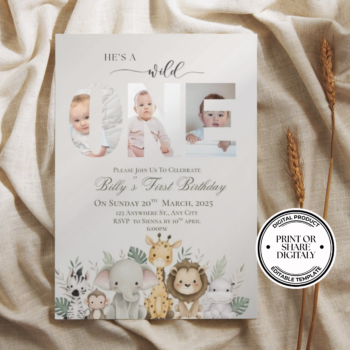 Editable Wild One Boy Safari Animal Birthday Invitation with Photo Fully Editable Template